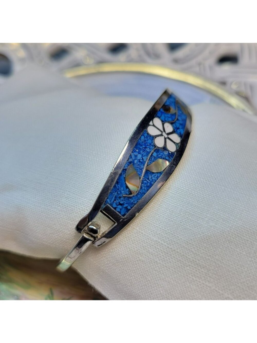 Sterling Silver Blue Floral Bangle Bracelet Turquoise & Abalone Shell Inlay 6.75